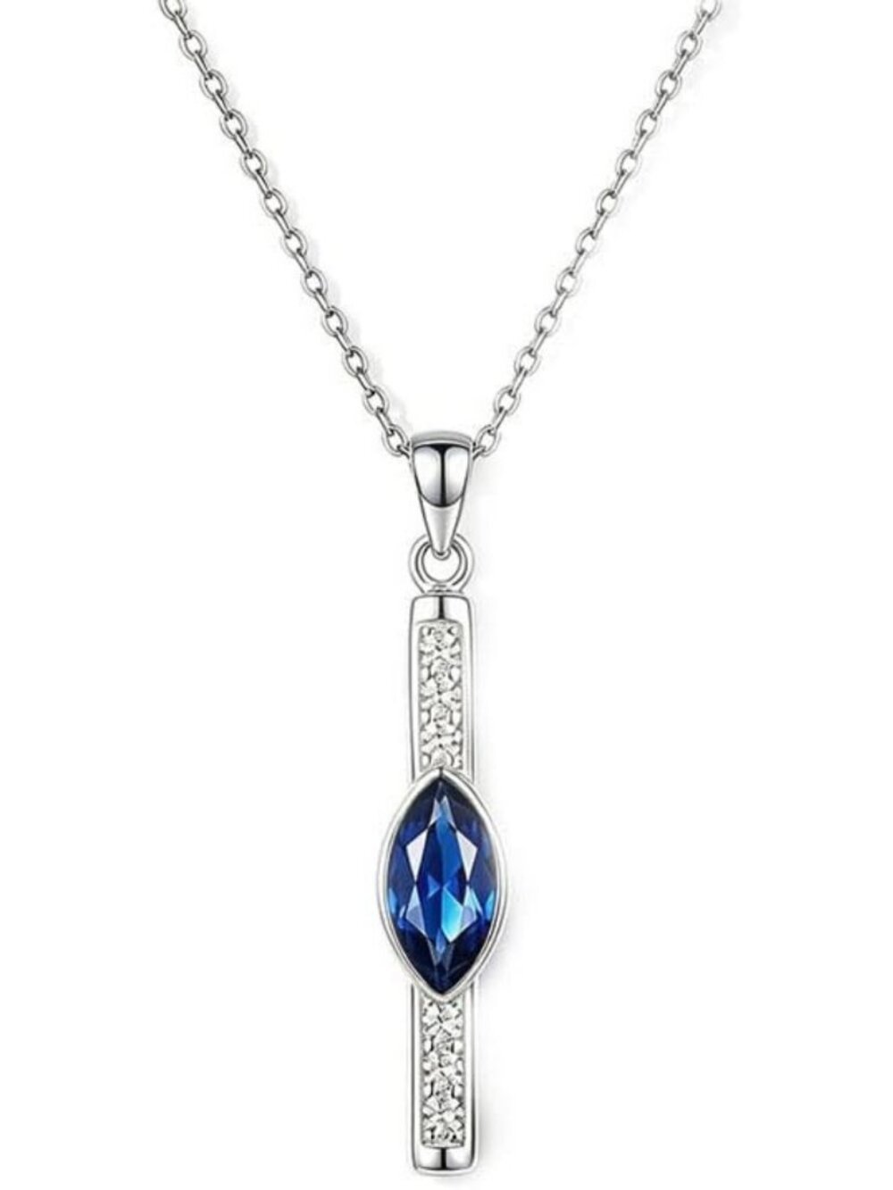 Dainty 925 Sterling Silver Blue Crystal Pendant Necklace, Marquise Cut Design
